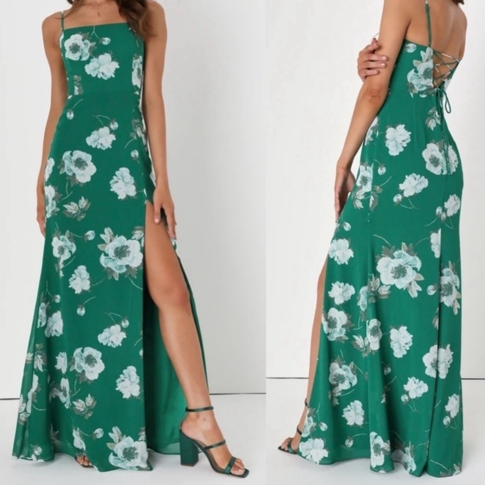 Lulu's Green Floral Maxi Dress with lace up back